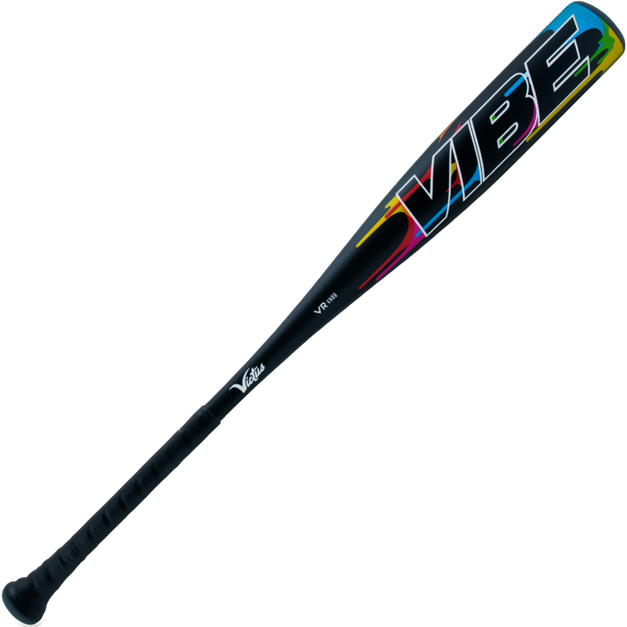 The 2024 Victus Vibe (-5) USSSA Baseball Bat (VSBVIB5) by Victus is a black, one-piece aluminum bat with "VIBE" in colorful letters near the barrel, a black grip, and a vibration-reducing knob, shown on a white background.