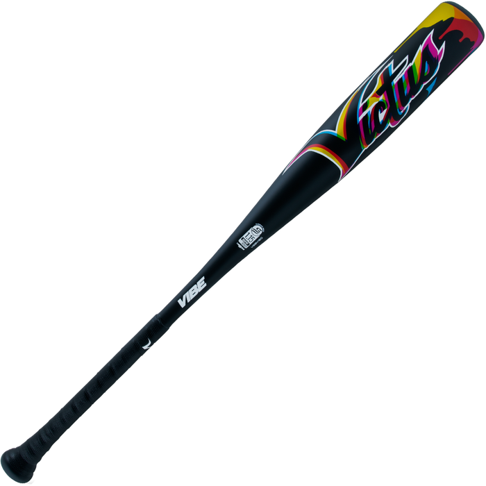 The 2024 Victus Vibe (-5) 2 3/4" USSSA Baseball Bat (VSBVIB5) is a black one-piece aluminum bat with a textured grip, bold "Victus" branding near the barrel, extra logos, a glossy finish, and a USSSA certified stamp.
