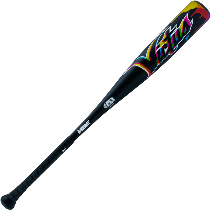 The 2024 Victus Vibe (-8) USSSA Baseball Bat features a black one-piece aluminum design, textured grip, colorful "Victus" graffiti-style lettering, a vibration-reducing knob, "VIBE" in white text, and USSSA certification.
