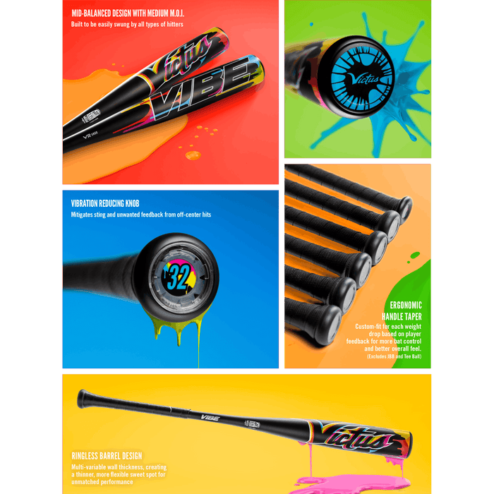 A vibrant Victus Vibe (-8) USSSA bat collage features close-ups of the 2024 Victus Vibe, dripping paint logo, vibration-reducing knob, ergonomic handle, and ringless barrel, set against bright backgrounds with bold text.