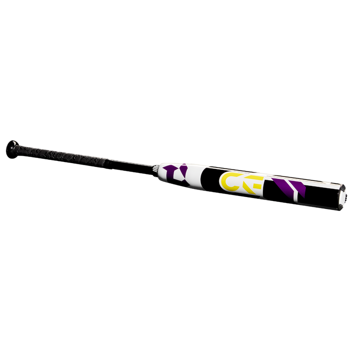 The 2025 DeMarini CF (-10) Fastpitch Softball Bat (WBD2550010) features a patterned grip and a white barrel with purple, black, and yellow geometric designs. Crafted from Paraflex Plus Composite, it’s displayed on a plain white background.