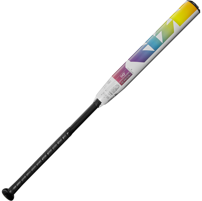 The 2025 DeMarini Prism+ (-10) Fastpitch Softball Bat (WBD2548010) by DeMarini features a balanced swing weight, black grip, and a vibrant barrel with yellow, green, blue, and purple gradients on a white background.