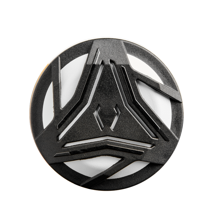 A circular object with a white background and black geometric lines forms a symmetrical, abstract pattern—similar to the precise design of the 2025 DeMarini Prism+ (-10) Fastpitch Softball Bat: WBD2548010 by DeMarini.