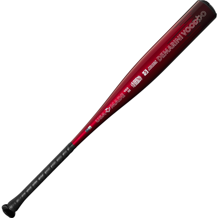 The 2025 DeMarini Voodoo One (-5) 2 3/4" USSSA Baseball Bat (WBD2556010 DEMO) is shown diagonally on a white background, featuring red and black colors and DeMarini branding with an X14 Alloy Barrel.