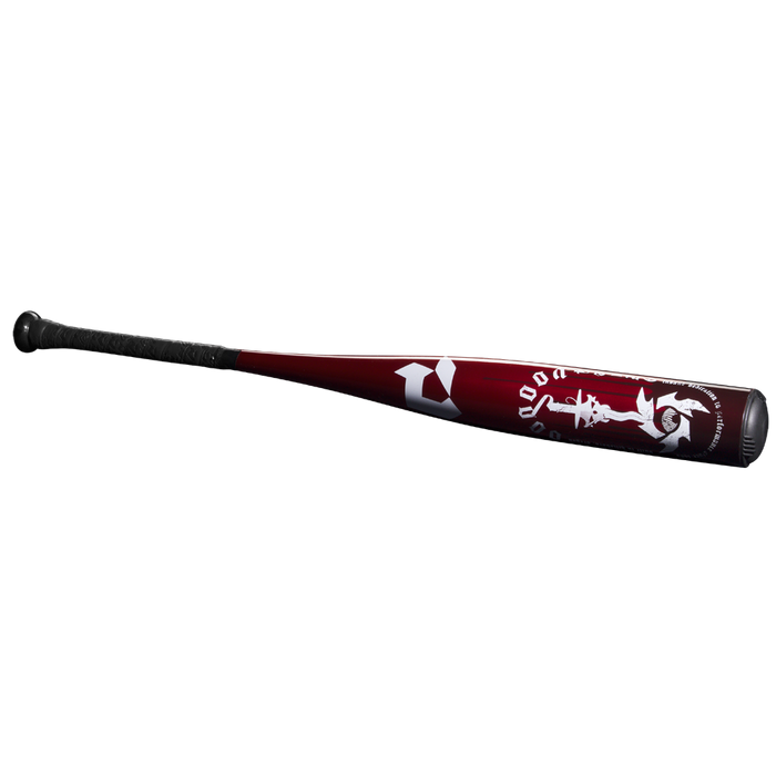 The 2025 DeMarini Voodoo One (-5) USSSA Baseball Bat WBD2556010 (DEMO) features a maroon and black design with white graphics on the X14 Alloy Barrel and a black textured grip, shown on a plain white background.