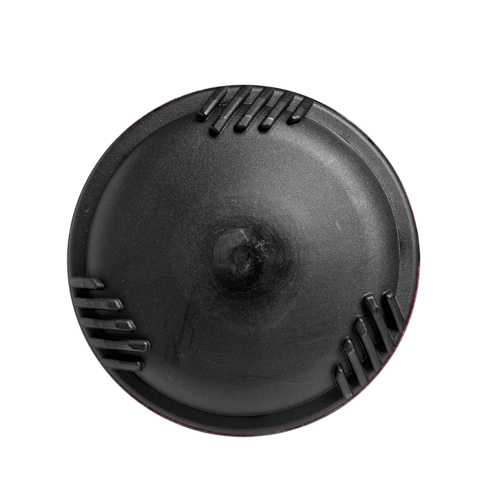 A black, circular object with a smooth, domed surface and four sets of parallel grooves, similar to parts on the 2025 DeMarini Voodoo One (-5) USSSA Baseball Bat (WBD2556010 DEMO) by DeMarini, shown on a white background.