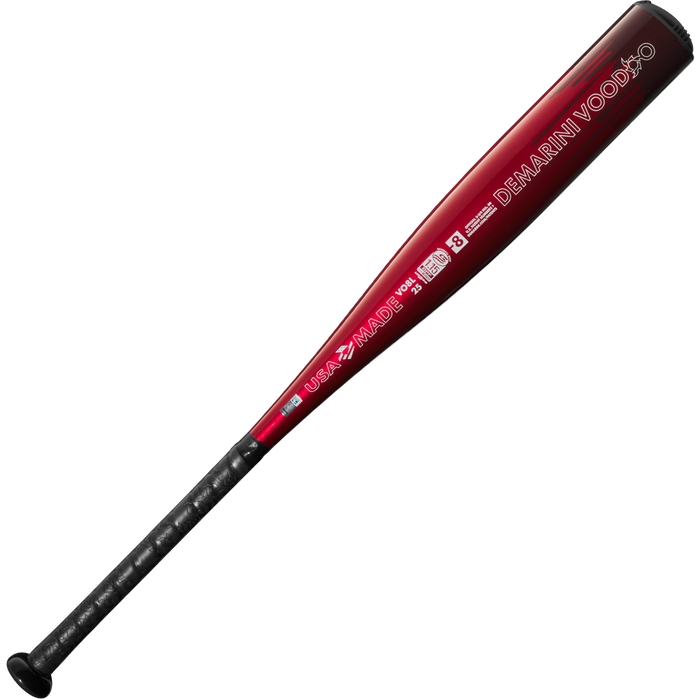 A used 2025 DeMarini Voodoo One (-8) 2 3/4" USSSA baseball bat (WBD2539010) with a red and black X14 Alloy Barrel marked “USA MADE” and “DEMARINI VOODOO,” plus a black grip handle.