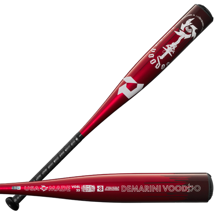 Two red DeMarini 2025 Voodoo One (-8) USSSA baseball bats are shown; one stands upright, displaying the X14 Alloy Barrel and logo, while the other lies horizontally to highlight USA MADE DEMARINI VOODOO and product details.