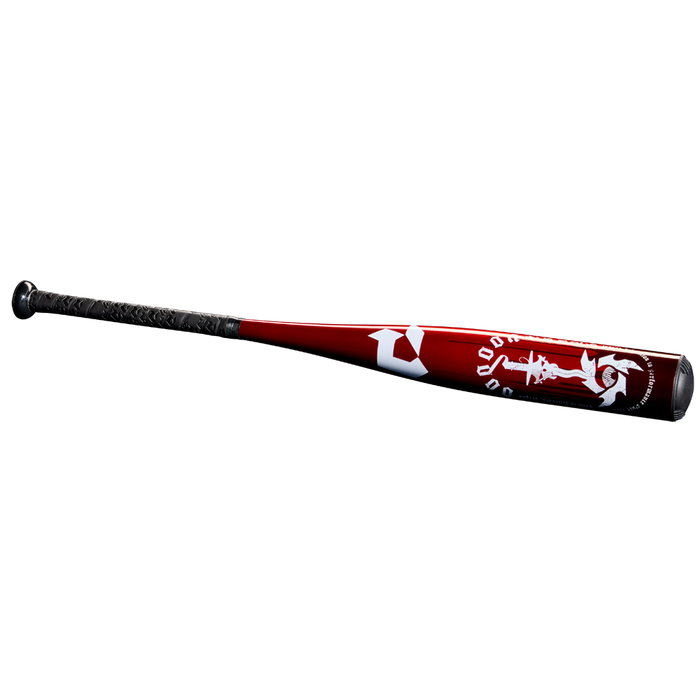 A metallic red 2025 DeMarini Voodoo One (-8) USSSA Baseball Bat (WBD2539010) with a black grip and white graphics on the X14 Alloy Barrel, shown isolated on a plain white background.