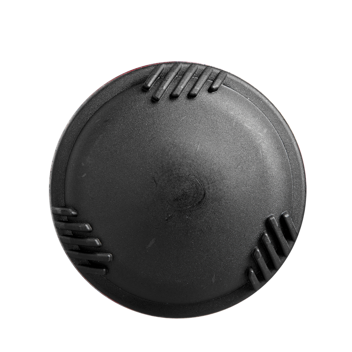 A black, round camera lens cap with textured grip sections is displayed against a white background, echoing the sleek style of the DeMarini 2025 Voodoo One (-8) 2 3/4" USSSA Baseball Bat: WBD2539010 (USED).