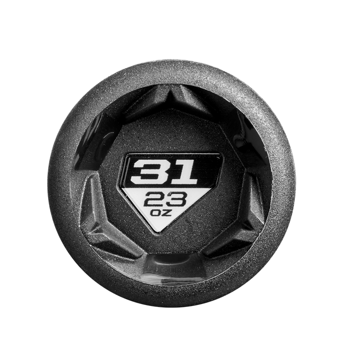 A black hexagonal end cap, inspired by the precision of the DeMarini Voodoo One (-8) USSSA Bat (WBD2539010), displays "31" in large white text above "23 oz," clearly showing the weight on a white background.