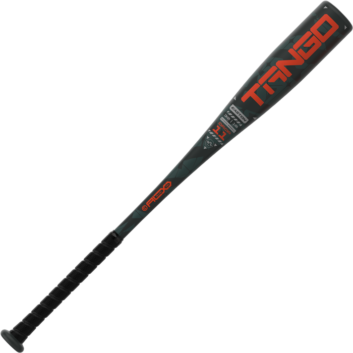 The 2025 Easton Tango (-11) 2 5/8" USA Baseball Bat (EUS5TNG11) features a black design with red and white TANGO branding, a textured grip, and a tapered barrel—ideal for young players.