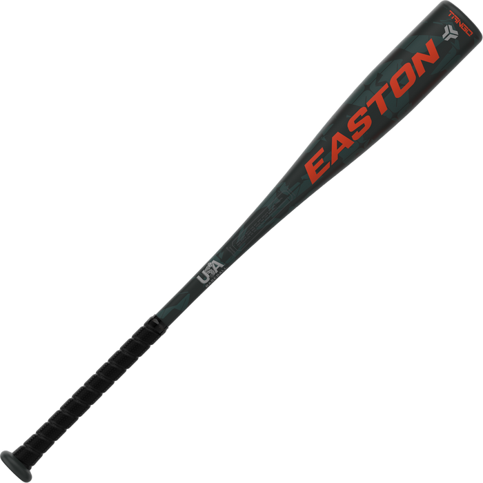 The 2025 Easton Tango (-11) 2 5/8" USA Baseball Bat (EUS5TNG11) features a black and gray design with orange lettering, a textured black grip, and is engineered for young players seeking top performance.