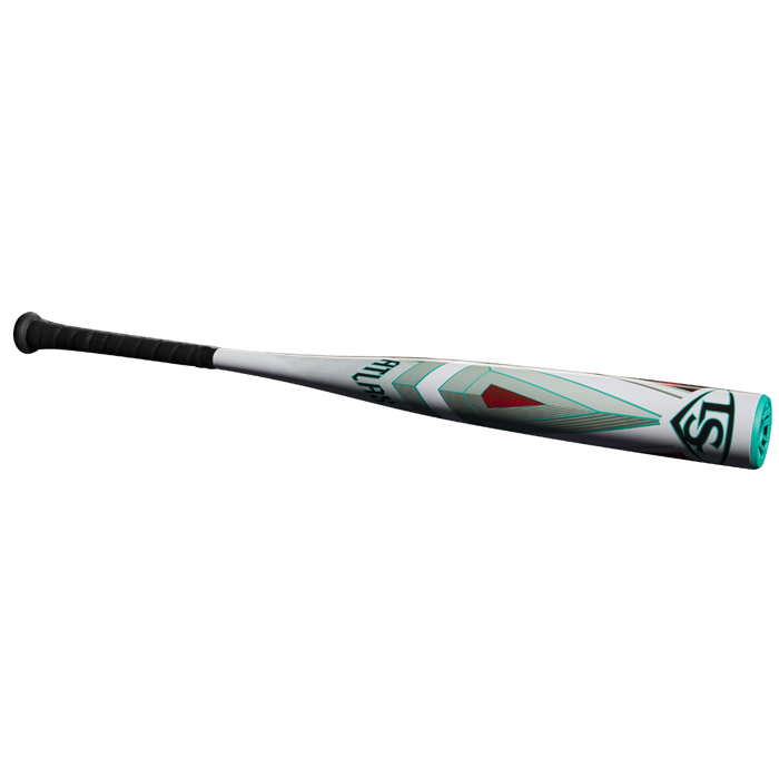 The 2025 Louisville Slugger Atlas (-5) 2 5/8" USSSA Baseball Bat (WBL2981010) features a black grip, white barrel with teal, gray, and red graphics, and is crafted as a balanced one-piece alloy for optimal performance.