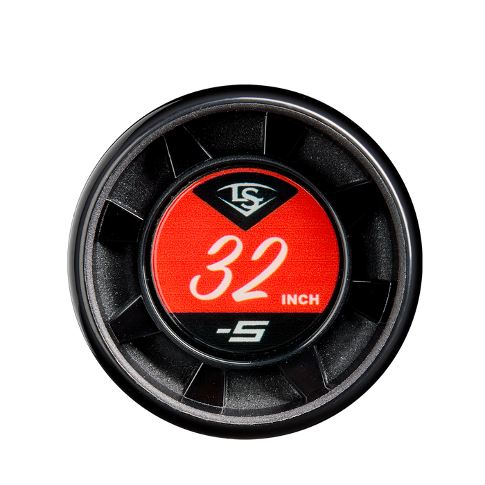 A close-up of a black badge with a red center shows “32 INCH -5” and an LS logo, highlighting the size and drop of the 2025 Louisville Slugger Atlas (-5) 2 5/8" USSSA Baseball Bat: WBL2981010.