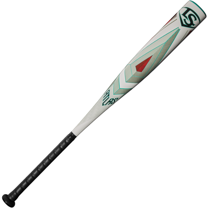 The 2025 Louisville Slugger Atlas (-8) USSSA Baseball Bat (WBL2980010) features a white and black design with geometric red, green, and gray accents on its SL Hyper Alloy Barrel, a lightweight one-piece alloy build, and a black textured grip.