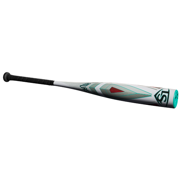 The 2025 Louisville Slugger Atlas (-8) 2 3/4" USSSA Baseball Bat (WBL2980010) features a lightweight one-piece SL Hyper Alloy Barrel, black grip, and teal, red, and gray geometric designs on a silver barrel with a white background.
