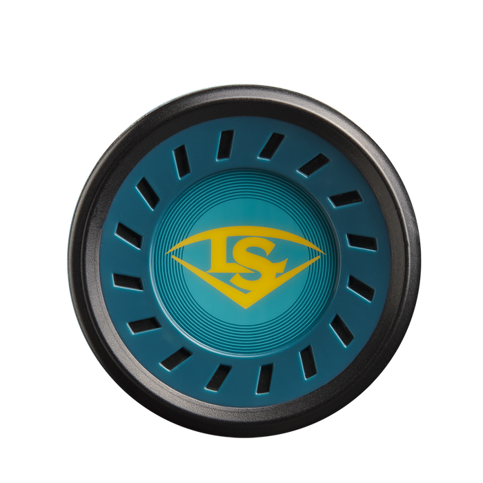 A round, blue disc with a yellow “S” in a diamond at the center, black edges, and rectangular cutouts rings the rim—resembling the end cap of a used 2025 Louisville Slugger Meta Prime (-5) 2 3/4" USSSA Baseball Bat (WBL2972010).