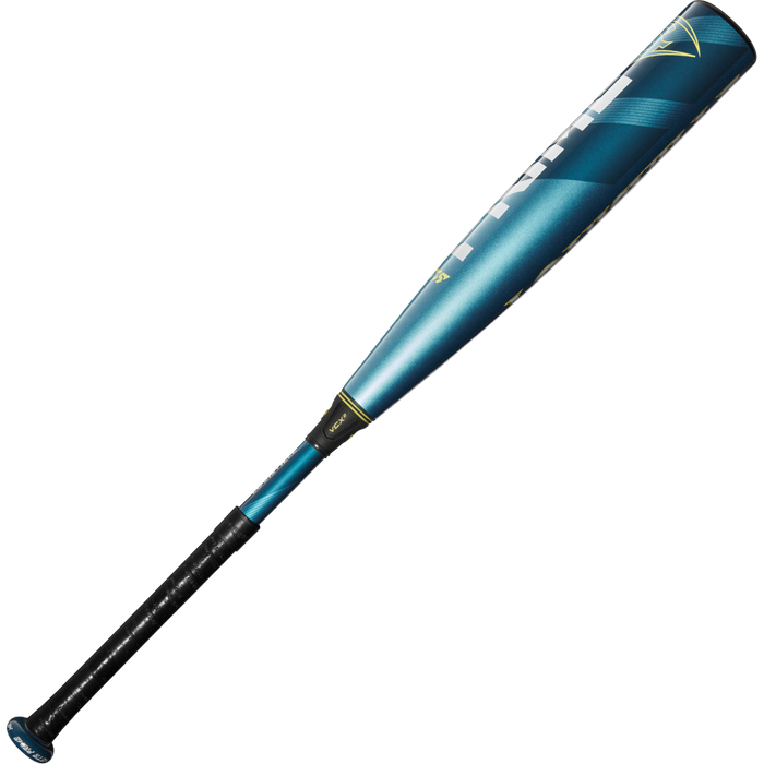 A used 2025 Louisville Slugger Meta Prime (-8) 2 3/4" USSSA baseball bat, featuring a composite barrel, black grip, metallic finish, and geometric patterns in blue and black, is displayed on a plain white background.
