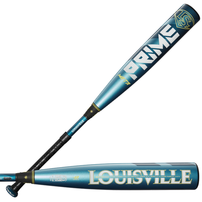 A 2025 Louisville Slugger Meta Prime (-8) 2 3/4" USSSA baseball bat with composite barrel, blue and black design, gold and white accents, “PRIME” on the barrel, "LOUISVILLE" branding, and a black grip handle (USED).
