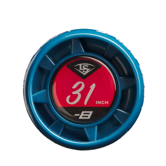 A close-up of the Louisville Slugger Meta Prime (-8) USSSA bat’s end cap shows a blue ring, red center marked 31 INCH -8, and a white logo on top, emphasizing its composite barrel design.