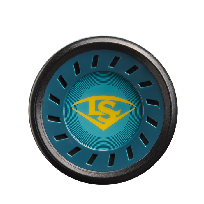 A teal and black circular end cap with vent-like cutouts and a yellow LS logo, resembling the top view of a Louisville Slugger Meta Prime (-8) 2 3/4" USSSA Baseball Bat (WBL2971010), is shown on a white background.