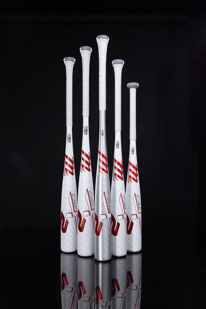 Five Marucci 2025 CATX2 (-10) USSSA baseball bats (MSBCX210, USED) stand upright in a row with white handles and red accents, showcasing white tape grips and advanced anti-vibration technology against a black background.