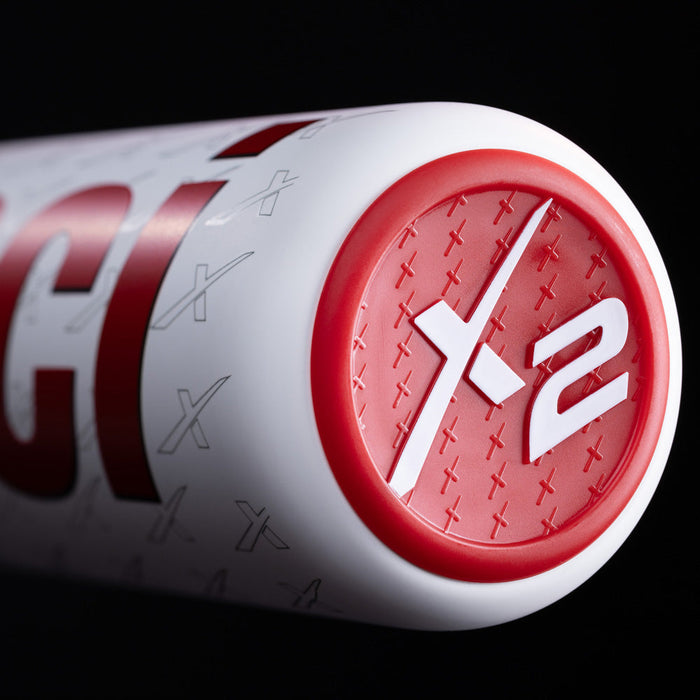 Close-up of the end cap of a white 2025 Marucci CATX2 (-10) 2 3/4" USSSA Baseball Bat (USED), featuring a red-rimmed “X2” logo and “X” patterns on black, highlighting Marucci’s advanced anti-vibration technology.