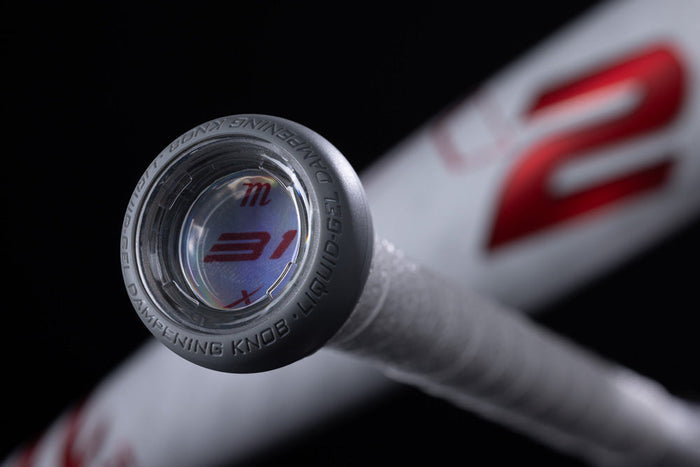 Close-up of the end knob of a 2025 Marucci CATX2 (-10) 2 3/4" USSSA Baseball Bat: MSBCX210 (USED), showing "31" inside a clear window; the white bat has red markings, textured grip, and advanced anti-vibration tech against a dark background.