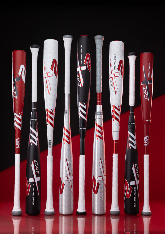 Nine baseball bats, including the 2025 Marucci CATX2 (-10) 2 3/4" USSSA Baseball Bat by Marucci, stand upright against a red and black backdrop, displaying a variety of models with eye-catching patterns.