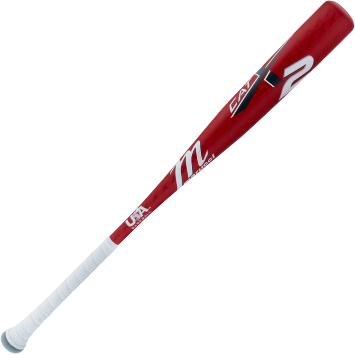 A Marucci 2025 CATX2 (-11) USA Baseball Bat (MSBCX211USA) in red and white with a white grip, CAT branding, M logo, and Anti-Vibration Technology is shown on a plain white background.