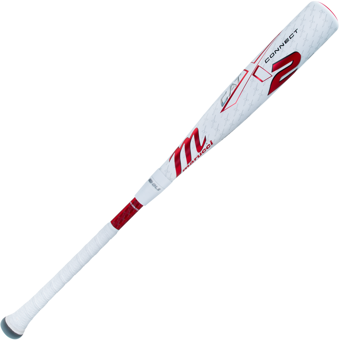The Marucci 2025 CATX2 Connect (-10) USSSA Baseball Bat features a bold white and red design and anti-vibration technology for a smoother swing.