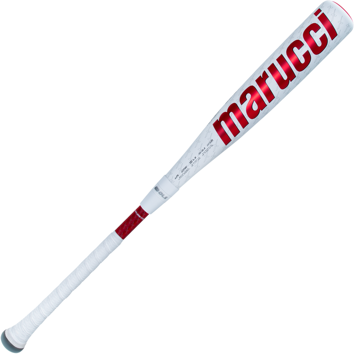 The 2025 Marucci CATX2 Connect (-10) 2 3/4" USSSA Baseball Bat: MSBCCX210 (USED) features a white and red design, bold marucci branding, a white grip, and advanced anti-vibration tech for comfort.
