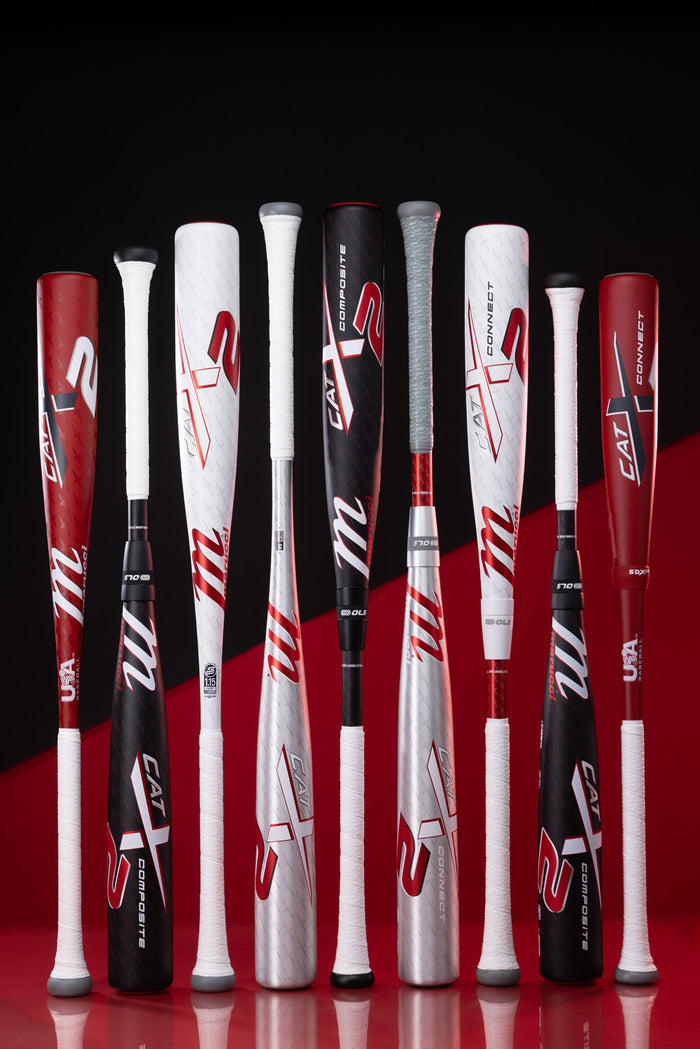 Nine Marucci baseball bats with white, black, and red designs stand upright in a row. Featured models include the 2025 Marucci CATX2 Connect (-10) USSSA bat (MSBCCX210), known for anti-vibration technology.