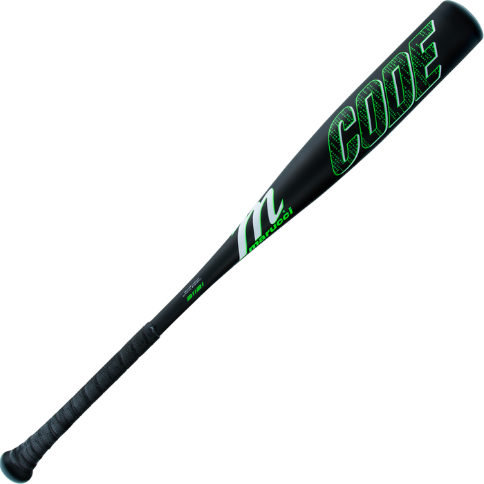 The 2025 Marucci Code (-10) USSSA Baseball Bat (MSBCD10) features a textured grip, green CODE lettering, Marucci branding, and green accents on a black barrel. Made from durable AZ75 alloy for top performance.