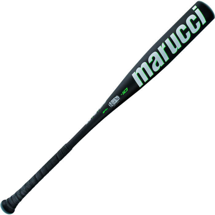 The 2025 Marucci Code (-10) USSSA Baseball Bat (MSBCD10), black with green lettering and grip tape on the handle, features an anti-vibration knob and is shown on a white background.