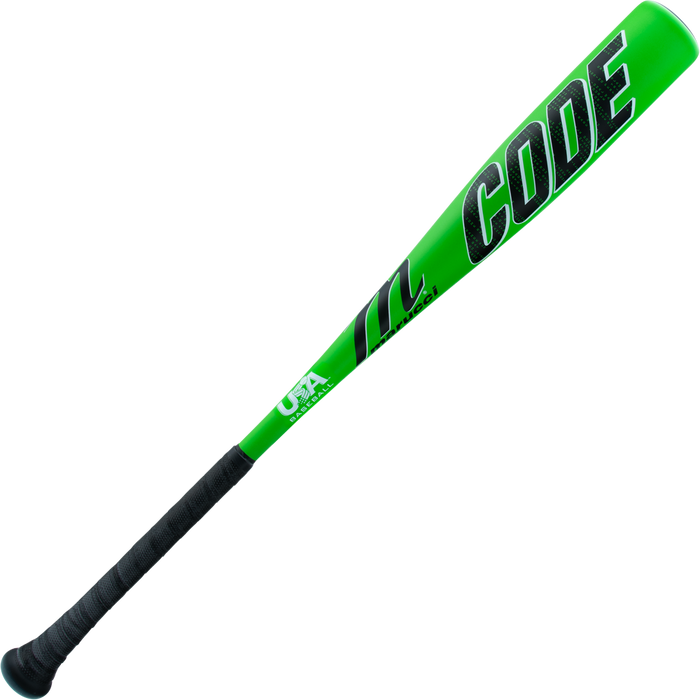 The 2025 Marucci Code (-10) 2 5/8" USA Baseball Bat (MSBCD10USA) features a bright green barrel with CODE in bold black letters, a black grip, and is crafted from durable AZ75 alloy by Marucci.