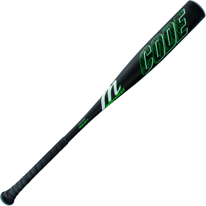The 2025 Marucci Code (-8) 2 3/4" USSSA Baseball Bat (MSBCD8) is a black Senior League bat with green accents, bold "CODE" lettering, durable AZ75 Alloy construction, a textured grip, and an Anti-Vibration Knob for comfort.