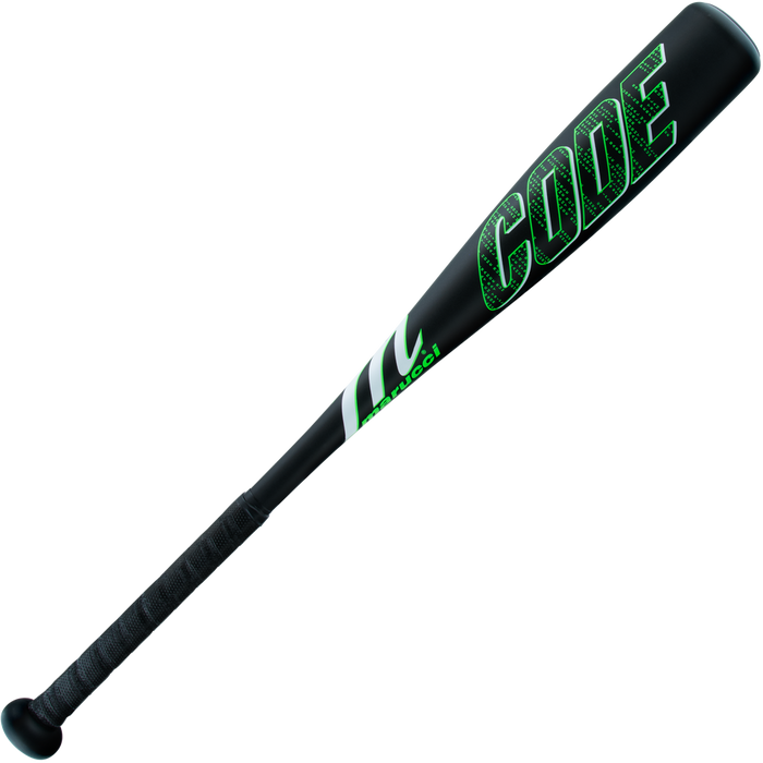 The 2025 Marucci Code JBB (-10) USSSA Baseball Bat features a black barrel with bold green “CODE” lettering, a textured grip handle, anti-vibration knob, and striking green accents in the middle.
