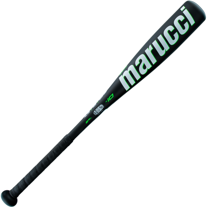 The 2025 Marucci Code JBB (-10) 2 3/4" USSSA Baseball Bat (MJBBCD) features a black design with green accents, an anti-vibration knob, a wrapped handle grip, and the -10 drop printed on the barrel.