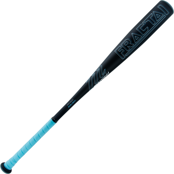 The 2025 Marucci Fractal (-3) BBCOR Baseball Bat (MCBFR) features a black one-piece aluminum design with blue "FRACTAL" lettering, a blue grip, and an expanded sweet spot, all by Marucci. Set against a plain white background.