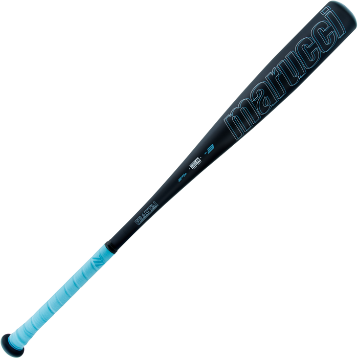 The 2025 Marucci Fractal (-3) BBCOR Baseball Bat (MCBFR) is a black, one-piece aluminum bat with light blue accents and grip, featuring an expanded sweet spot, shown on a plain white background.