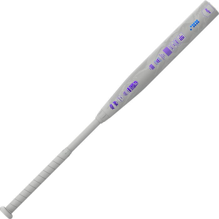 The 2025 Rawlings Mantra Reverse (-10) Fastpitch Softball Bat (RFP5MR10) is gray and white with purple accents, a white grip, barrel specs, and Three-Step Technology from the Rawlings Mantra Reverse line.