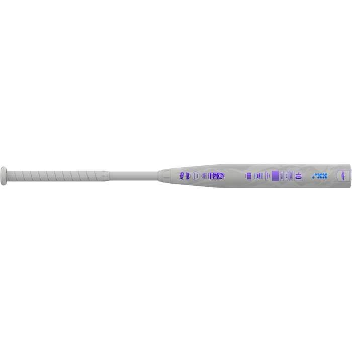 The 2025 Rawlings Mantra Reverse (-10) Fastpitch Softball Bat (RFP5MR10) features a sleek white design with illuminated purple icons on the barrel, a white grip, and modern style inspired by innovation from Rawlings.
