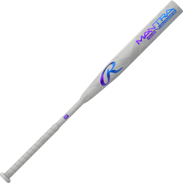 The 2025 Rawlings Mantra Reverse (-11) Fastpitch Softball Bat (RFP5MR11) features a white design with gray grip, blue and purple accents, MANTRA 2.0 graphics, and a stylized R logo—ideal for serious fastpitch players.