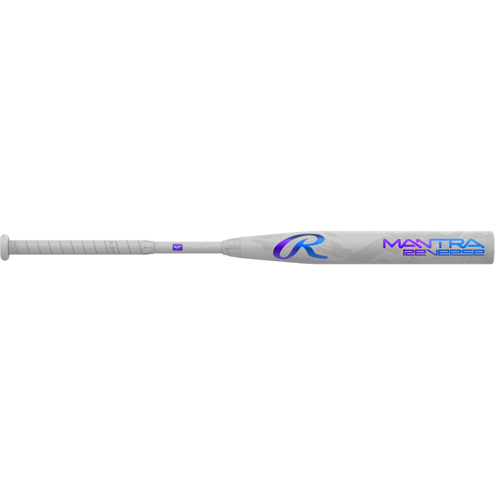 The 2025 Rawlings Mantra Reverse (-11) Fastpitch Softball Bat (RFP5MR11) features a white and silver design, wrapped grip, blue and purple “MANTRA GEN3 BASE” text, and a large “R” logo on the barrel.