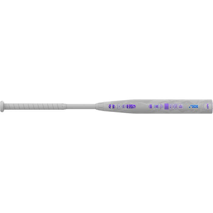 A 2025 Rawlings Mantra Reverse (-11) Fastpitch Softball Bat (RFP5MR11), featuring a white design with purple LED indicator lights and control buttons along the barrel, is shown against a plain white background.