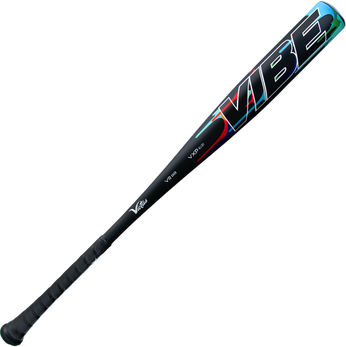The 2025 Victus Vibe (-3) BBCOR Baseball Bat (VCBVIB) is a black, one-piece aluminum bat with a textured grip, large colorful "VIBE" lettering near the barrel, vibration reducing knob, and visible Victus branding and model details.