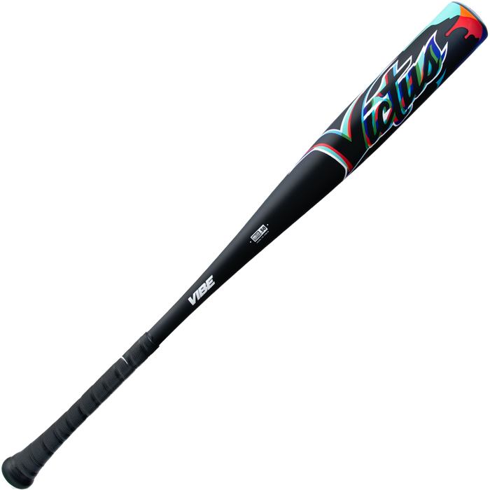 The 2025 Victus Vibe (-3) BBCOR Baseball Bat (VCBVIB) is a black, one-piece aluminum bat with a textured grip, colorful red, teal, and purple accents, Victus branding near the barrel, and a vibration reducing knob for comfort.