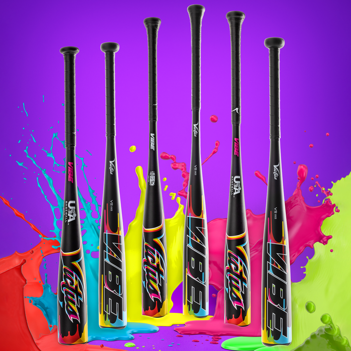 Six Victus 2025 Vibe (-3) BBCOR Baseball Bats stand upright against a vibrant, multicolored background. Each one-piece aluminum bat features “VIBE” and “FATE” designs plus a vibration reducing knob. Brand: Victus. Model: VCBVIB.